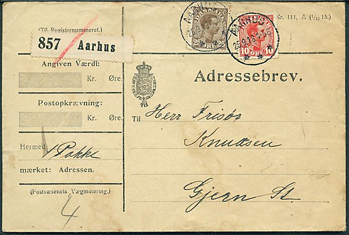 10 øre og 25 øre Chr. X på adressebrev for pakke fra Aarhus d. 25.9.1918 til Gjern St.