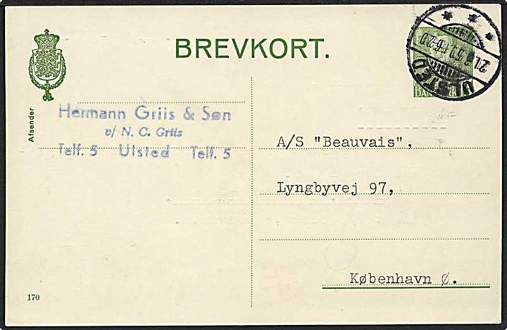 15 øre Fr. IX helsagsbrevkort (fabr. 170) annulleret med brotype Ic Ulsted d. 21.6.1950 til København. Brotype I anvendt i Stålstikperioden.