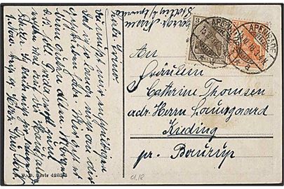 3 pfg. og 7½ pfg. på brevkort stemplet Apenrade **a d. 15.10.1918 til Baurup.