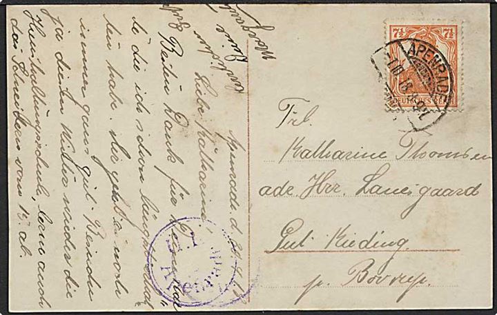 7½ pfg. Germania på brevkort stemplet Apenrade d. 1.10.1918 til Baurup. Violet censurstempel Ü.K. Apenrade.
