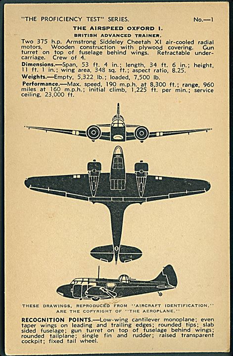 Britisk Airspeed Oxford træningsmaskine fra RAF. Valentine's Aircraft Recognition cards no. 1.