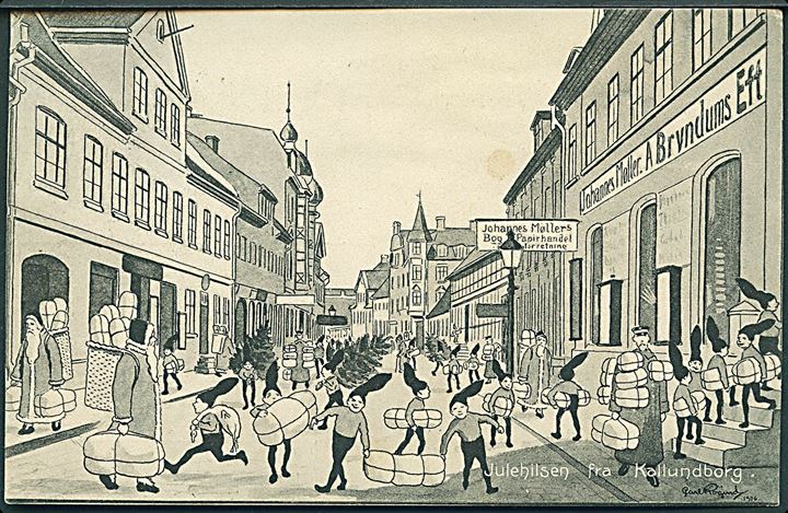 Kalundborg, nisser i gadebilledet. Tegnet af Carl Røgind. J. Møller no. 8020. Kvalitet 8