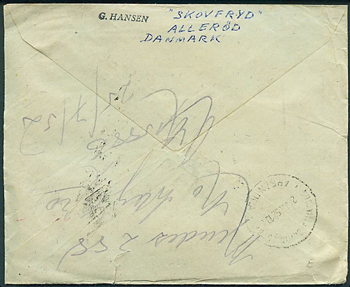 25 øre Frimærkejubilæum i parstykke på brev fra Vassingerød d. 26.6.1952 til Argentina. Retur med flere stempler.