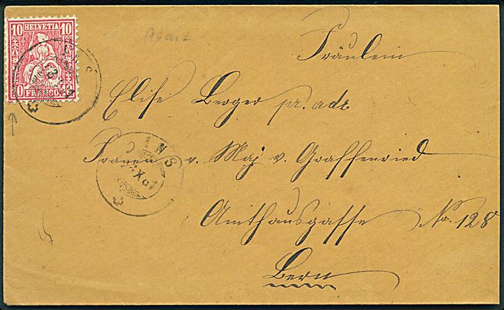 10 c. Helvetia på brev fra Ins d. 23.10.1881 til Bern.