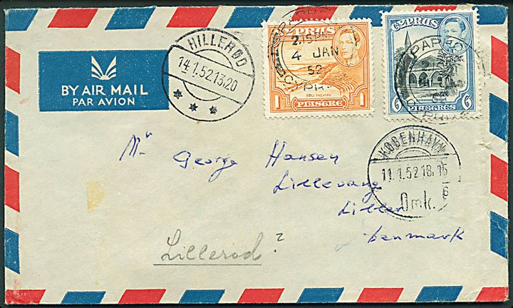 1 p. og 6 p. George VI på luftpostbrev fra Paphos d. 4.1.1952 til Danmark. Forsøgt i Lillerød pr. Hillerød med stempel Ubekendt i Hillerød / Opråbt for budene..