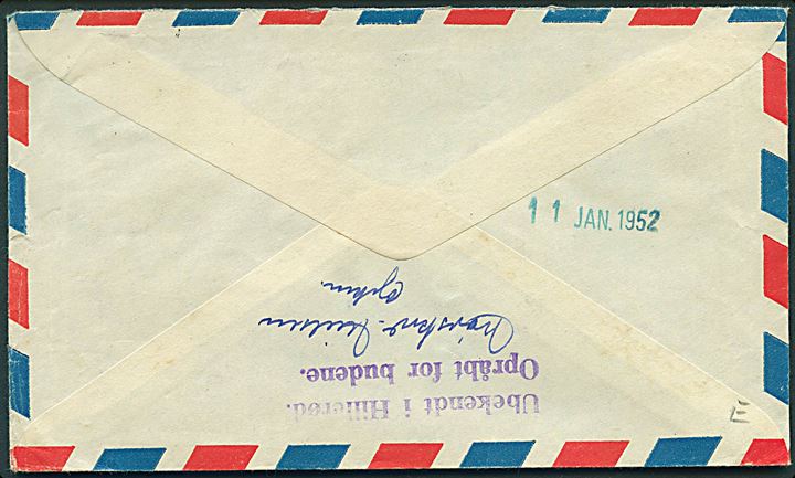 1 p. og 6 p. George VI på luftpostbrev fra Paphos d. 4.1.1952 til Danmark. Forsøgt i Lillerød pr. Hillerød med stempel Ubekendt i Hillerød / Opråbt for budene..
