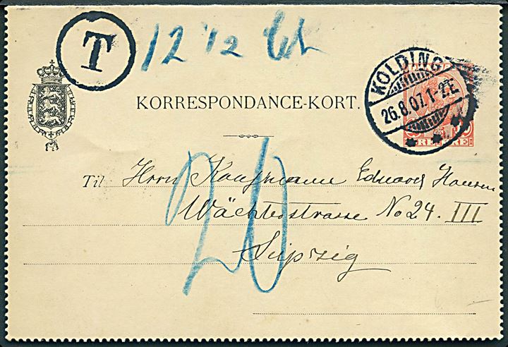 10 øre Chr. IX helsags korrespondancekort sendt underfrankeret fra Kolding d. 26.8.1907 til Leipzig, Tyskland. Sort T-stempel og udtakseret i 20 pfg. tysk porto.