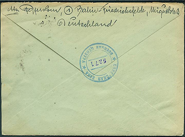 75 pfg. på brev fra Berlin d. 14.5.1947 til Malmö, Sverige. På bagside censur fra den sovjetiske zone no. 5271.