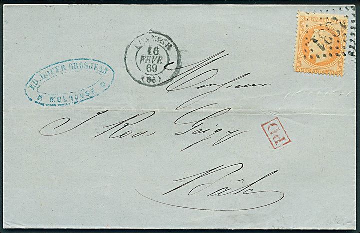 40 c. Napoleon III på brev annulleret med nr.stempel 1331 fra Mulhouse d. 16.2.1869 til Basel, Schweiz.