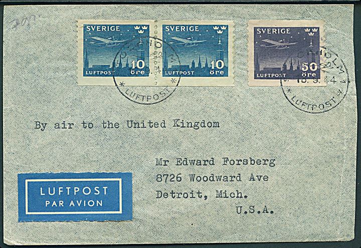 10 öre (par) og 50 öre Luftpost på luftpostbrev stemplet Stockholm Luftpost d. 18.9.1944 til Detroit, USA. Påskrevet By air to the United Kingdom. Uden censur.