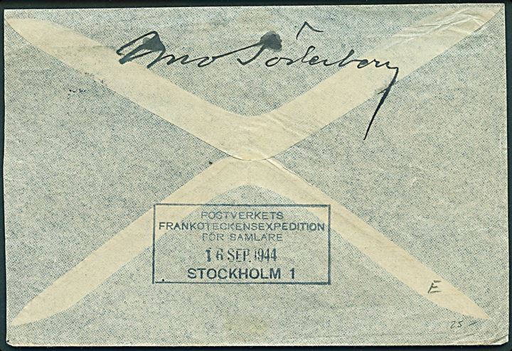 10 öre (par) og 50 öre Luftpost på luftpostbrev stemplet Stockholm Luftpost d. 18.9.1944 til Detroit, USA. Påskrevet By air to the United Kingdom. Uden censur.