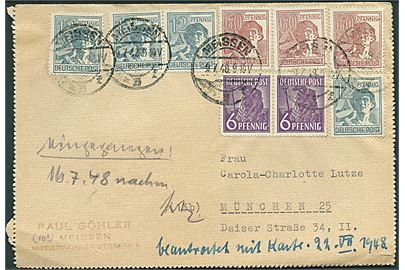240 pfg. på Zehnfach-frankeret korrespondancekort fra Meissen d. 9.7.1948 til München.