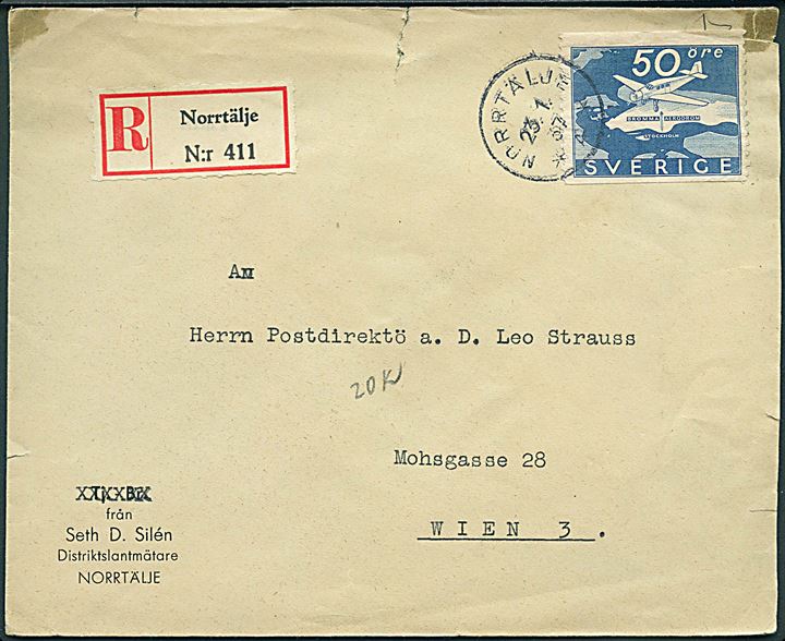 50 öre Bromma Aerodrom single på anbefalet brev fra Norrtälje d. 23.1.1937 til Wien, Østrig.