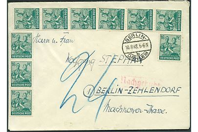 16 pfg. (10) på underfrankeret Zehnfach-frankeret brev sendt lokalt i Berlin d. 10.8.1948. Udtakseret i 24 pfg. porto.