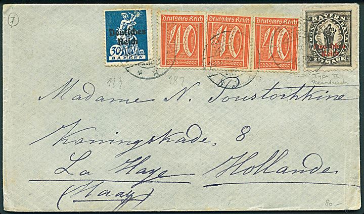40 pfg. Ciffer (3), 30 pfg. og 2½ mk. Deutsches Reich Provisorium på infla brev fra Seeon d. 25.4.1922 til Haag, Holland.