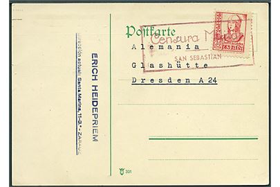 30 cts. Isabel på brevkort dateret Zarauz d. 3.9.1937 annulleret med censurstempel fra San Sebastian til Dresden, Tyskland.