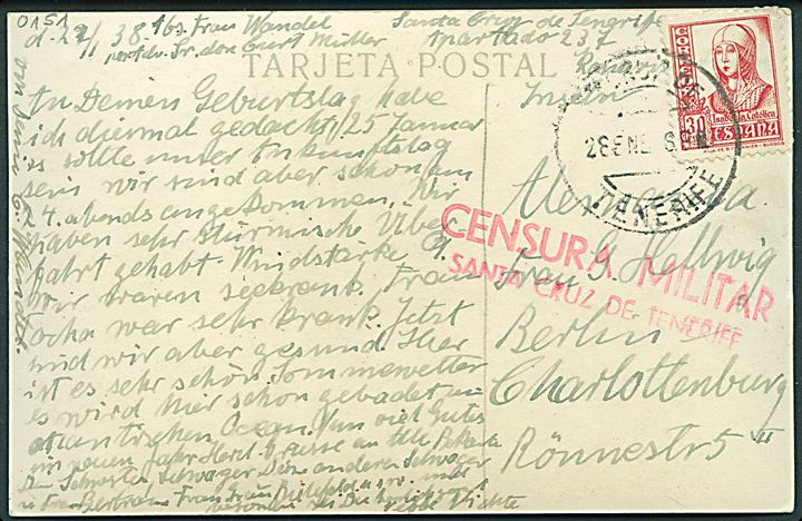 30 cts. Isabel på brevkort Sta. Cruz de Tenerife d. 28.1.1938 til Berlin, Tyskland. Lokal spansk censur fra Santa Cruz de Tenerife.