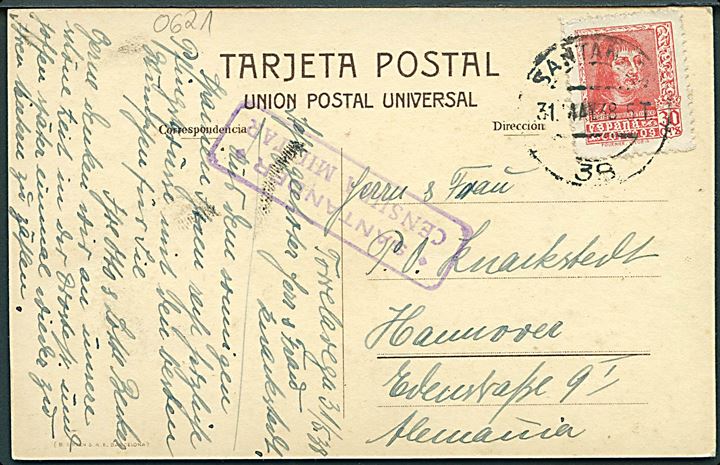 30 cts. på brevkort fra Santander d. 31.5.1938 til Hannover, Tyskland. Lokal spansk censur fra Santander.