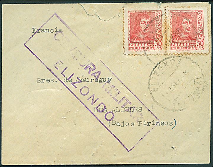 30 cts. Fernando (2) på brev fra Elizondo d. 8.9.1938 til Aldudes, Frankrig. Lokal spansk censur fra Elizondo. Rift.