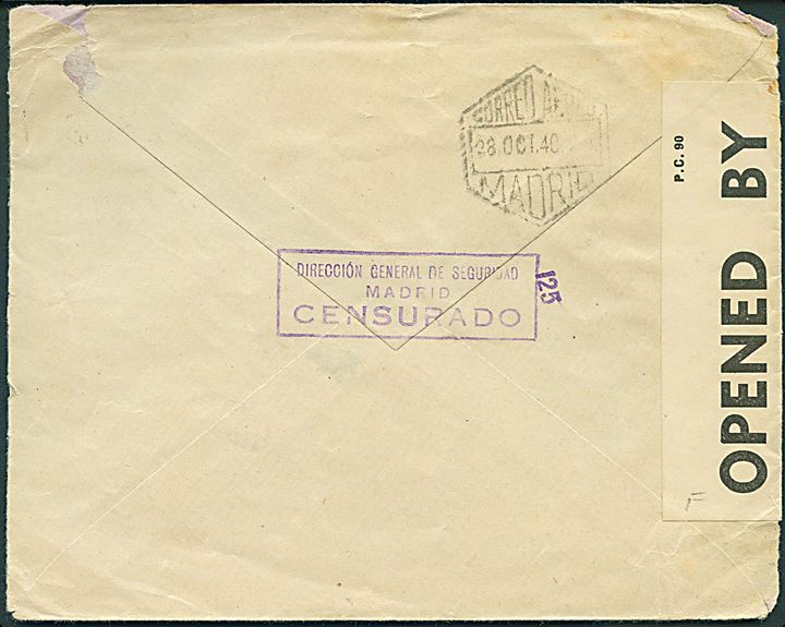 10 cts. Rytter (2) og 2 pts. Luftpost på luftpostbrev fra Madrid d. 23.10.1940 til Cambridge, England. Påskrevet via Lisboa. Lokal spansk censur fra Madrid og åbnet af britisk censur PC90/822.