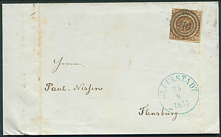 4 R.B.S. Thiele III på brev annulleret med nr.stempel 116 og sidestemplet med blåt antiqua Glückstadt d. 25.8.1954 til Flensburg.