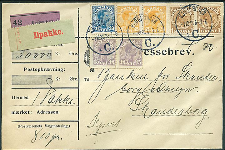 15 øre (par), 20 øre, 35 øre (par) og 1 kr. (par) Chr. X på 320 øre frankeret adressebrev for værdi ilpakke fra Kjøbenhavn d. 7.12.1916 til Skanderborg.
