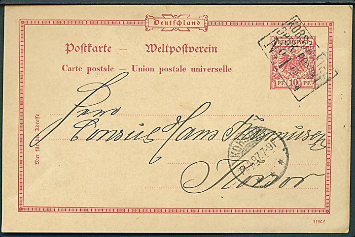 Tysk 10 pfg. helsagsbrevkort fra Kiel annulleret med dampskisstempel Korsør - Kiel DPSK:POSTKT: No. 1 d. 14.4.1897 til Korsør.