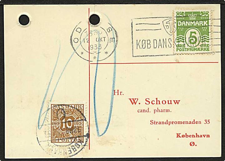 5 øre Bølgelinie på underfrankeret brevkort fra Odense d. 12.10.1933 til København. Udtakseret i porto med 10 øre Portomærke stemplet København Ø.