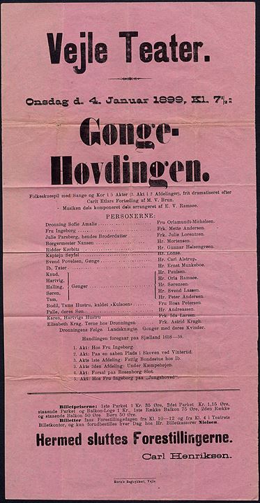 Vejle Teater. Gønge-Høvdingen, onsdag d. 4.1.1899. Teaterplakat 40x20 cm, foldet.