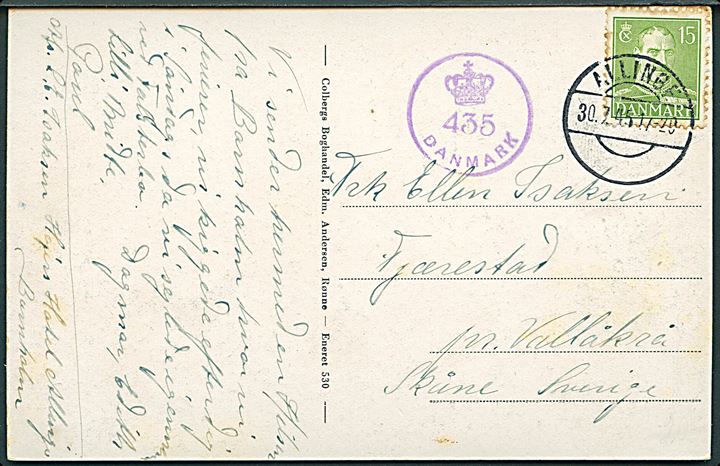 15 øre Chr. X på brevkort annulleret med brotype IIc Allinge til Vallåkrå, Sverige. Dansk efterkrigscensur (krone)/435/Danmark.