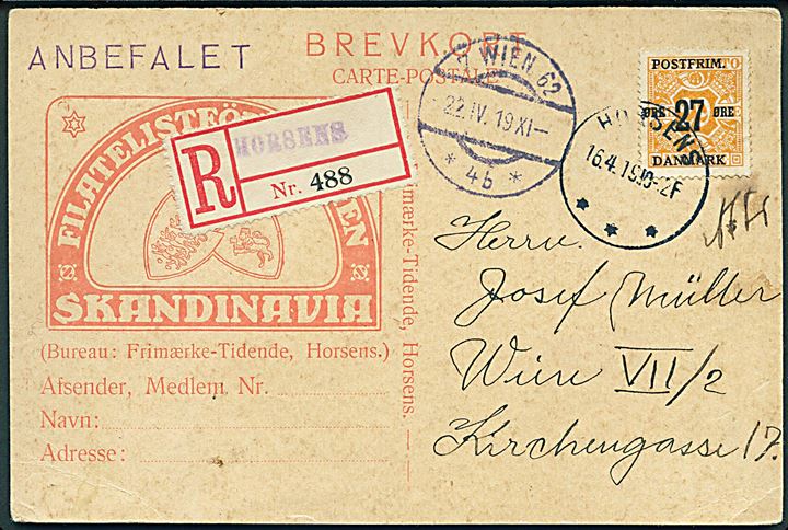 27/29 øre Provisorium på anbefalet illustreret brevkort fra Filatelistföreningen Skandinavia i Horsens d. 16.4.1919 til Wien, Østrig. 