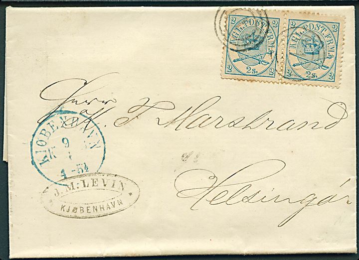 2 sk. Krone/Scepter i vandret parstykke på brev annulleret med nr.stempel 1 og sidestemplet blå antiqua Kiøbenhavn d. 9.4.1868 til Helsingør.