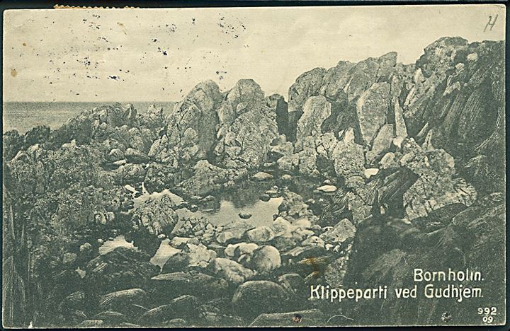 1 øre, 2 øre, 3 øre og 4 øre Bølgelinie på firefarve frankeret brevkort annulleret med brotype IIa Hammershus d. 7.8.1913 til Nürnberg, Tyskland.