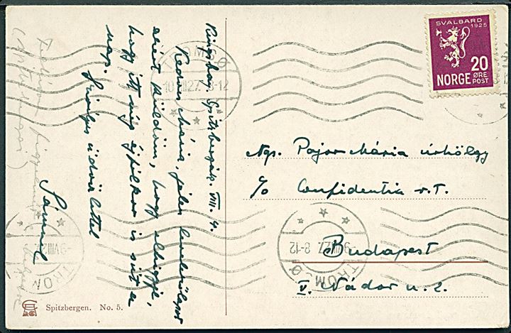 20 øre Svalbard udg. på brevkort (E. L. Ostermayer: Mitternachtsonne vor Spitzbergen) dateret Kingsbay, Spitzbergen d. 4.8.1927 og stemplet Tromsø d. 9.8.1927 til Budapest, Ungarn.