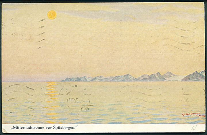 20 øre Svalbard udg. på brevkort (E. L. Ostermayer: Mitternachtsonne vor Spitzbergen) dateret Kingsbay, Spitzbergen d. 4.8.1927 og stemplet Tromsø d. 9.8.1927 til Budapest, Ungarn.