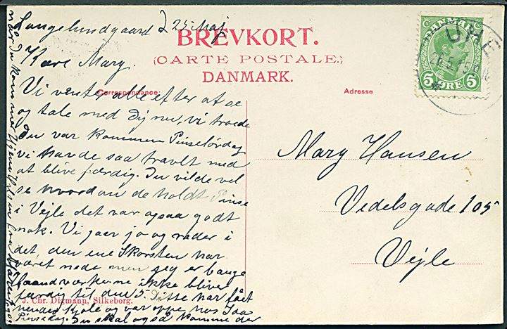 5 øre Chr. X på brevkort annulleret med brotype IIIb Uhe d. 26.5.1915 til Vejle. Stemplet kun benyttet i årene 1914-1917.