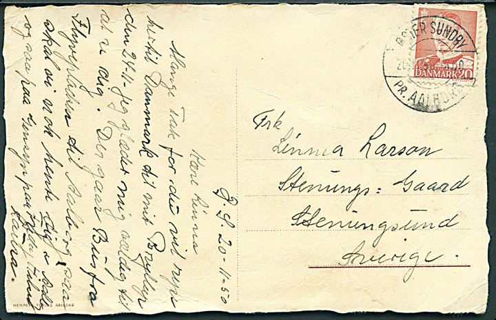 20 øre Fr. IX på brevkort annulleret med pr.-stempel Øster Sundby pr. Aalborg d. 20.11.1950 til Stenungsund, Sverige.