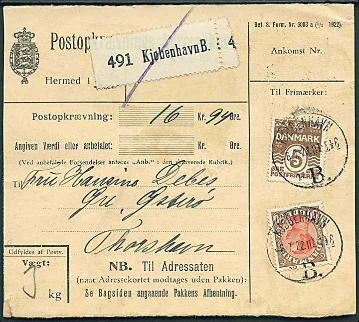 5 øre Bølgelinie og 90 øre Chr. X på Postopkrævnings-Adressekort for pakke fra Kjøbenhavn d. 6.7.1922 til Øre, Østerø pr. Thorshavn, Færøerne.