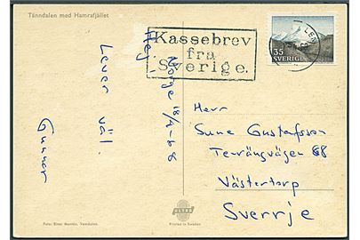 35 öre Fjeldlandskab på brevkort (Tänndalen med Hamrafjället) annulleret med svagt norsk stempel i  Vauldalen d. 20.4.1968 og sidestemplet Kassebrev fra Sverige til Västertorp, Sverige.