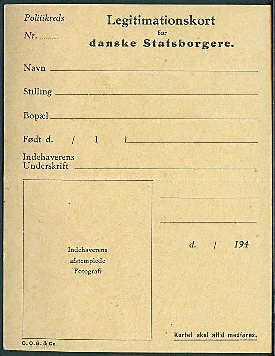 Legitimationskort for danske Statsborgere. Ubrugt formular fra besættelsen.