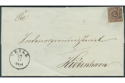 4 R.B.S. Thiele II tæt klippet på brev annulleret med nr.stempel 71 og sidestemplet antiqua Veile d. 22.11.1854 til Kiøbenhavn.