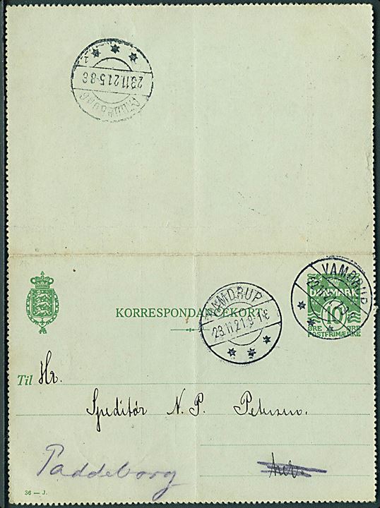 10 øre helsags korrespondancekort (fabr. 36-J) sendt lokalt i Vamdrup d. 22.11.1921 - eftersendt til Paddeborg med ank.stempel brotype IIb Paddeborg sn1 d. 23.11.1921.