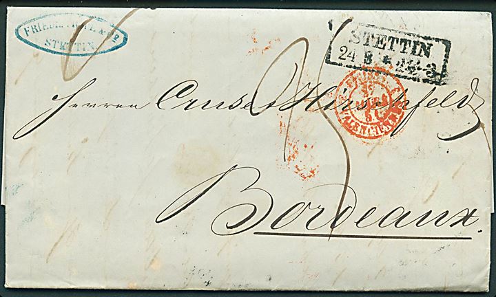 1851. Portobrev med rammestempel Stettin d. 24.3.1851 via bureau Berlin-Minden til Bordeaux, Frankrig. Flere stempler. 