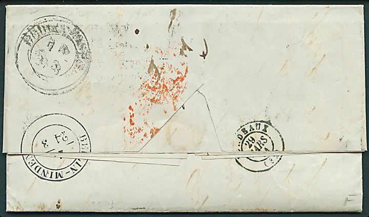 1851. Portobrev med rammestempel Stettin d. 24.3.1851 via bureau Berlin-Minden til Bordeaux, Frankrig. Flere stempler. 