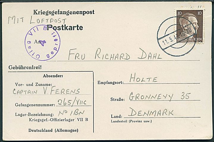 10 pfg. Hitler på krigsfangekort fra britisk officer i Oflag VII B (= Eichstätt) d. 11.5.1943 til Holte, Danmark. Violet lejrcensur.  Interessant 10 pfg. luftposttillæg på ellers portofri forsendelse.