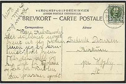 5 øre Fr. VIII på brevkort fra Kerteminde annulleret med bureaustempel Odense - Dalby T.7 d. 30.3.1910 til Højby.