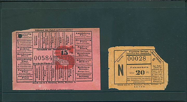Berliner Pferde-Eisenbahn & Berliner Omnibus Act. Gesellsch. Biletter til den hestetrukne sporvogn og bus. Ca. 1890.
