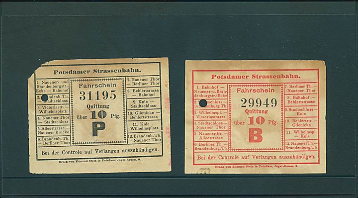 Potsdamer Strassenbahn. To biletter fra ca. 1890.