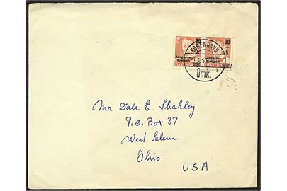 30+5/95 øre Ungarnshjælpen i parstykke på brev fra København d. 23.4.1957 til West Salem, USA.