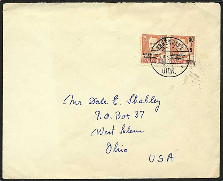 30+5/95 øre Ungarnshjælpen i parstykke på brev fra København d. 23.4.1957 til West Salem, USA.
